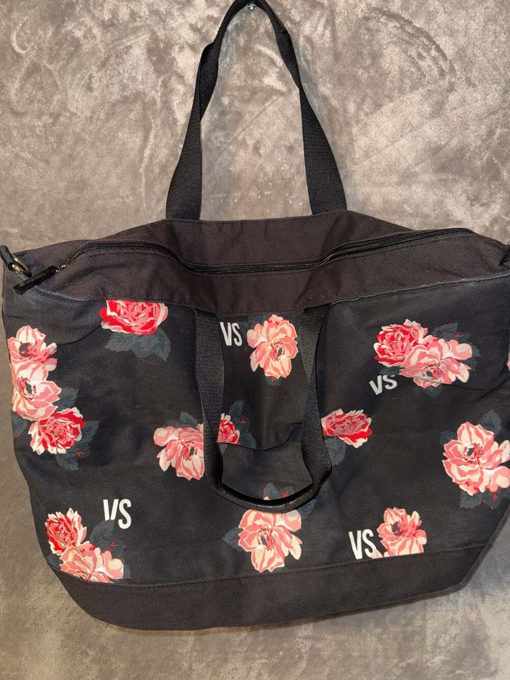 Victoria's Secret Black Floral Canvas Tote Bag with VS Logo - Picture 6 of 11